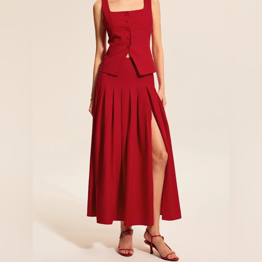 Commense Cotton & Linen Pleated Slit Skirt - Picture 6 of 13